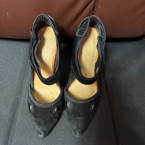 L.A.M.B. Black Leather Suede Ankle Strap Stiletto Heels Womens 5.5M